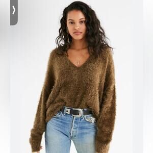 Urban Outfitters Brown Fuzzy V-Neck Sweater Long Sleeve Soft Knit Sz S